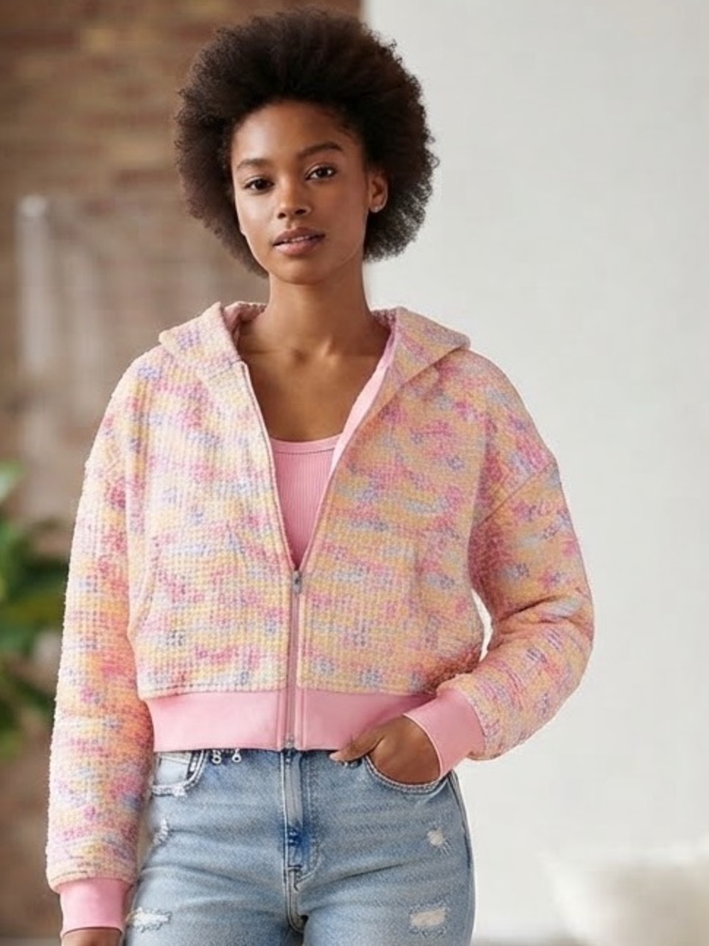 Happy Camper3r Pastel Pink Multicolor Hooded Zip-Front Women's Top